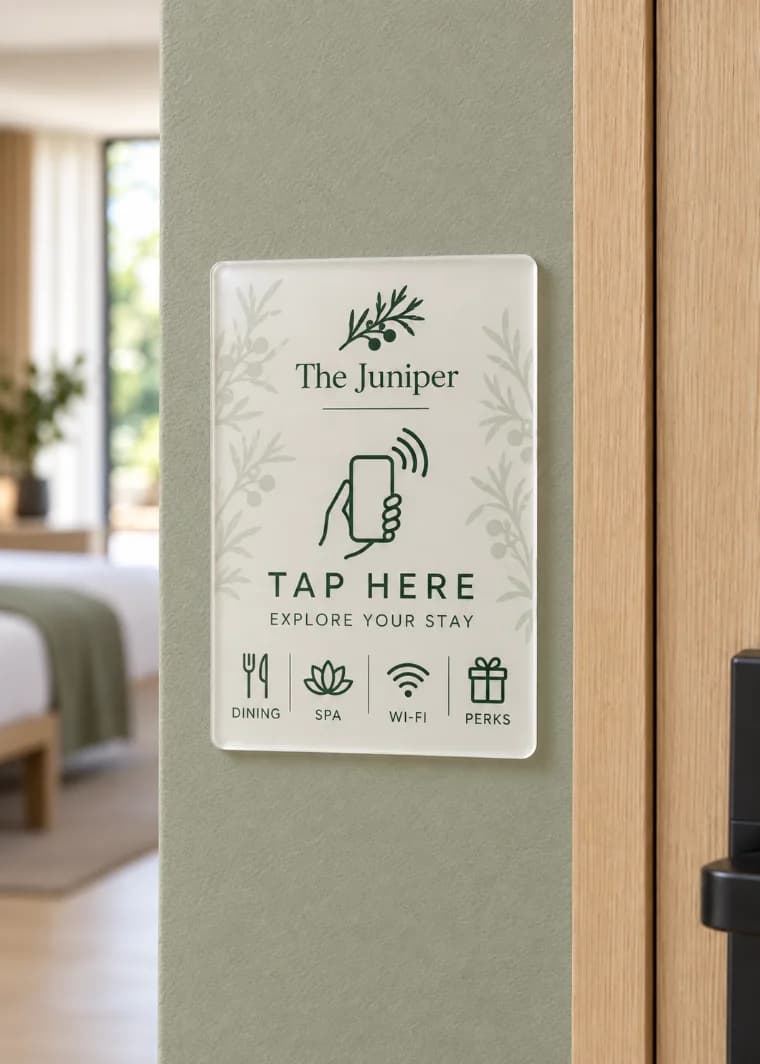A wall plate beside a guest-room door, reading tap here, explore your stay, with dining, spa, Wi-Fi and perks icons
