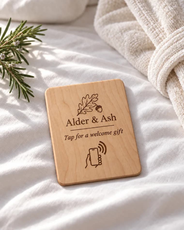 A wooden welcome plate on white bed linen, engraved tap for a welcome gift