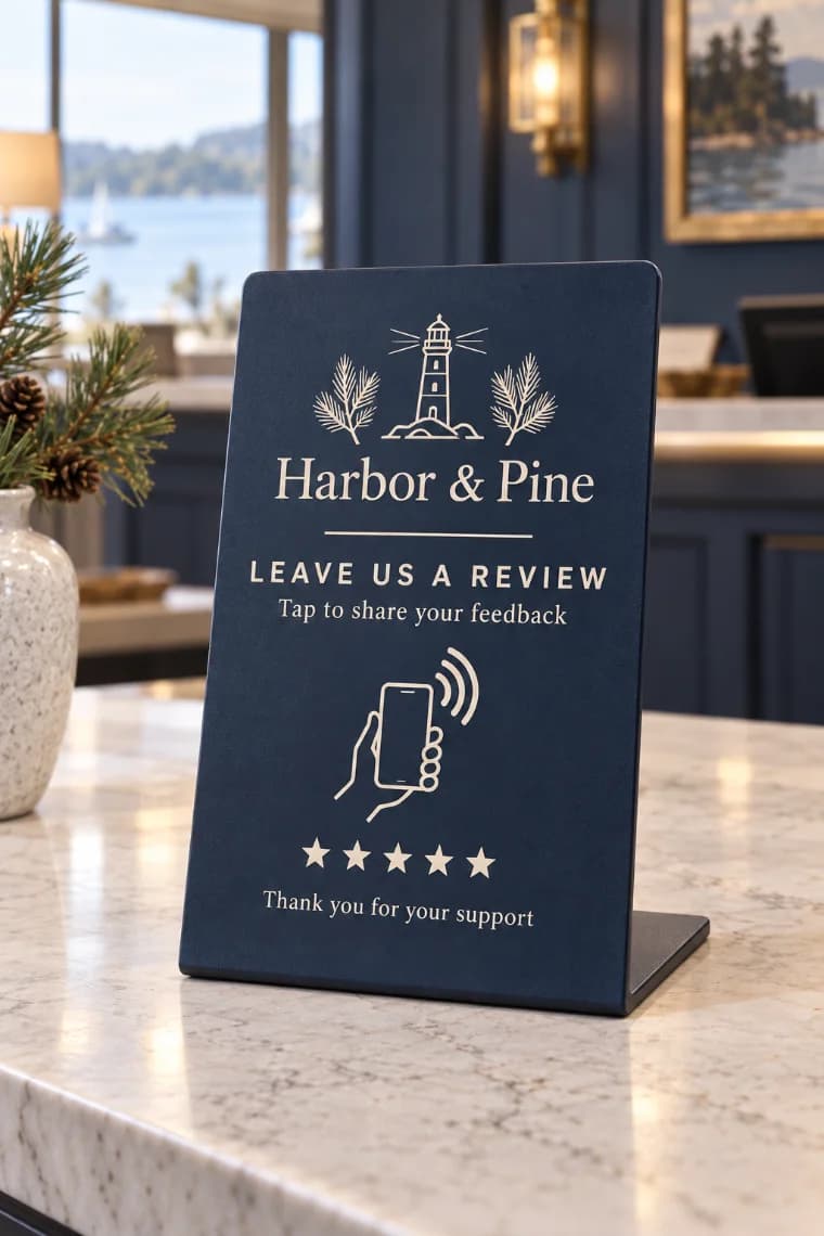 A navy desk stand on a reception counter, reading leave us a review, tap to share your feedback