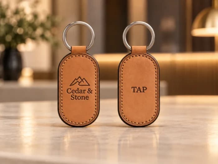 A cognac leather teardrop keychain embossed with a crest on the front and TAP on the back