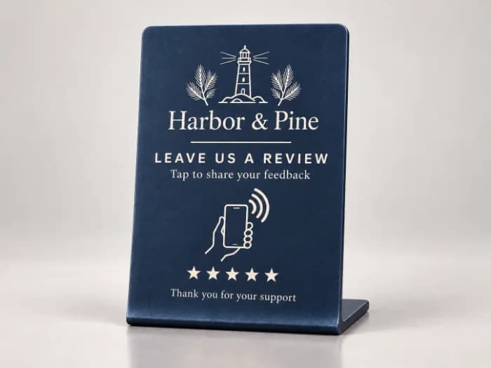 A navy acrylic front-desk stand printed with a lighthouse crest, leave us a review and a tap mark