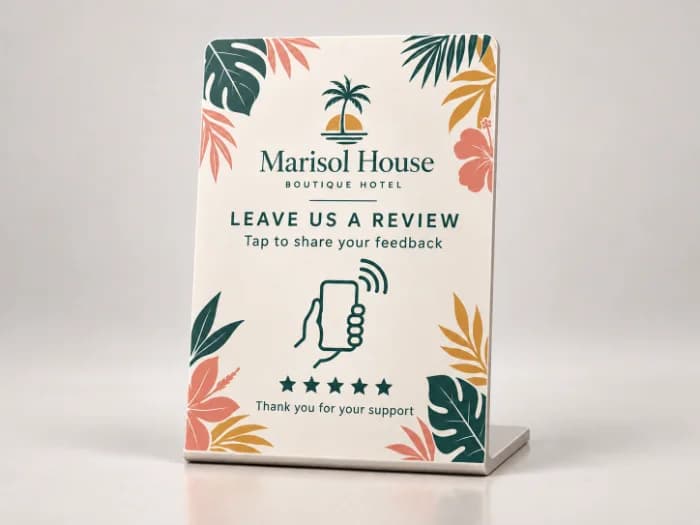 An acrylic front-desk stand with a full-color tropical print, leave us a review and a tap mark