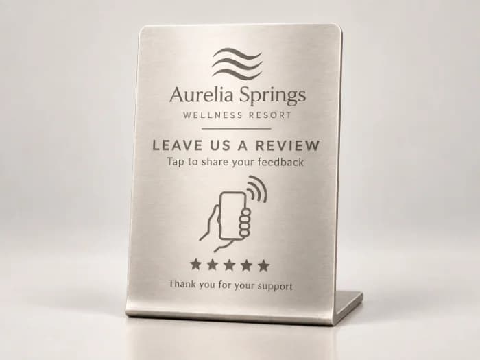 A brushed steel front-desk stand engraved with a property crest, leave us a review, a tap mark and five stars