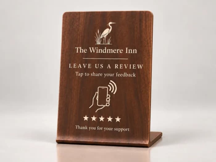 A walnut front-desk stand engraved with a heron crest, leave us a review and a tap mark