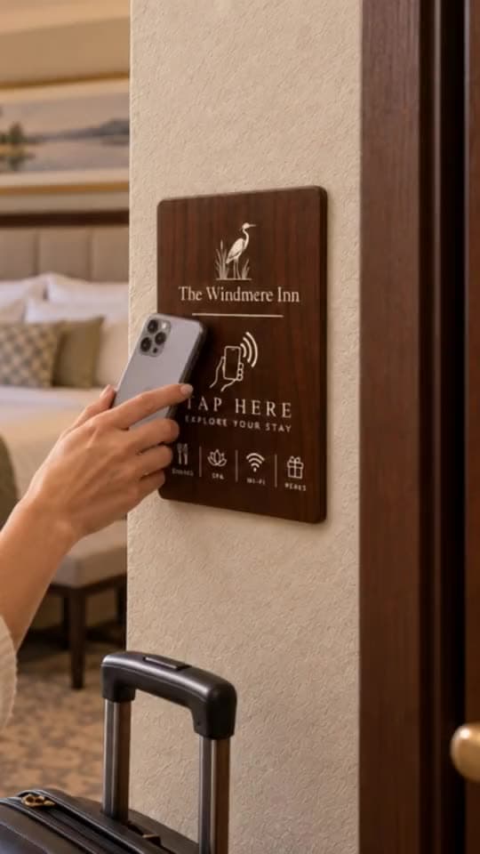 A guest tapping her phone on a walnut GoTouch wall plate inside a hotel room entrance