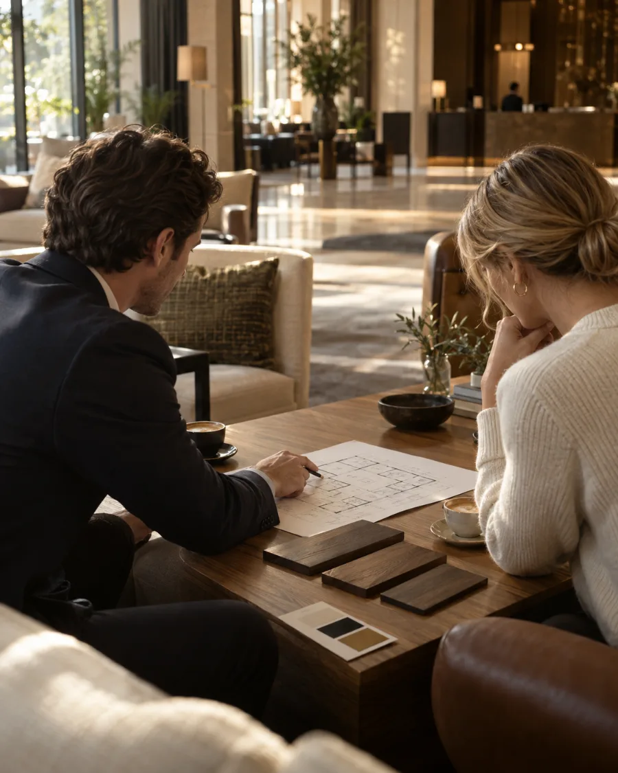 Two people reviewing a property floor plan and wood finish samples in a hotel lobby