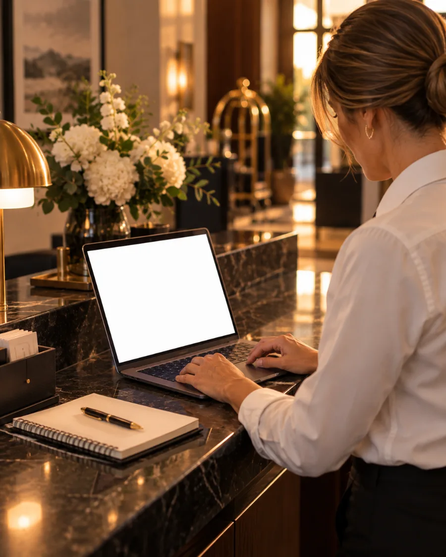 A front-desk manager reviewing the GoTouch dashboard on a laptop at reception