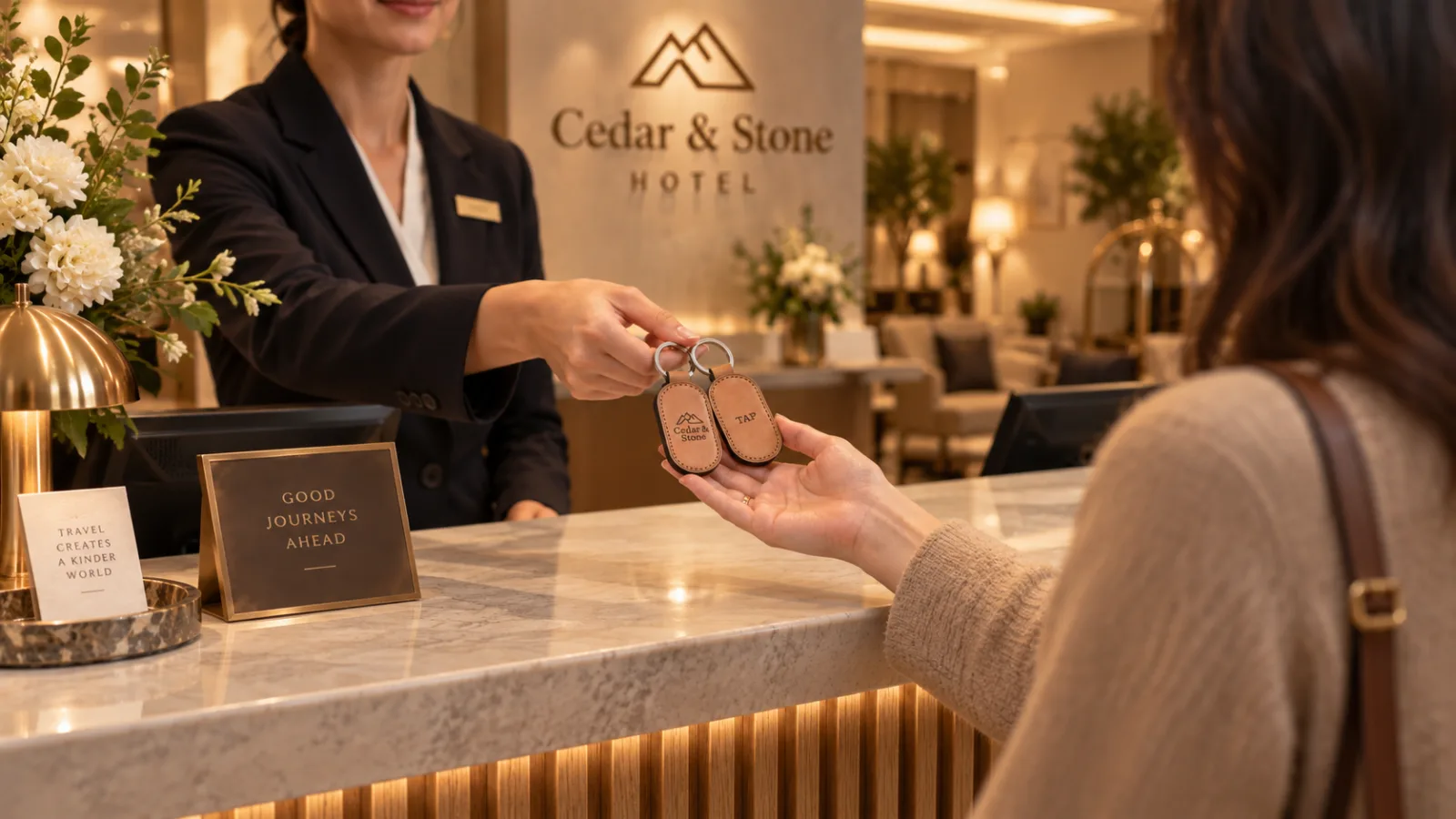 A receptionist handing a guest two engraved keychains at checkout