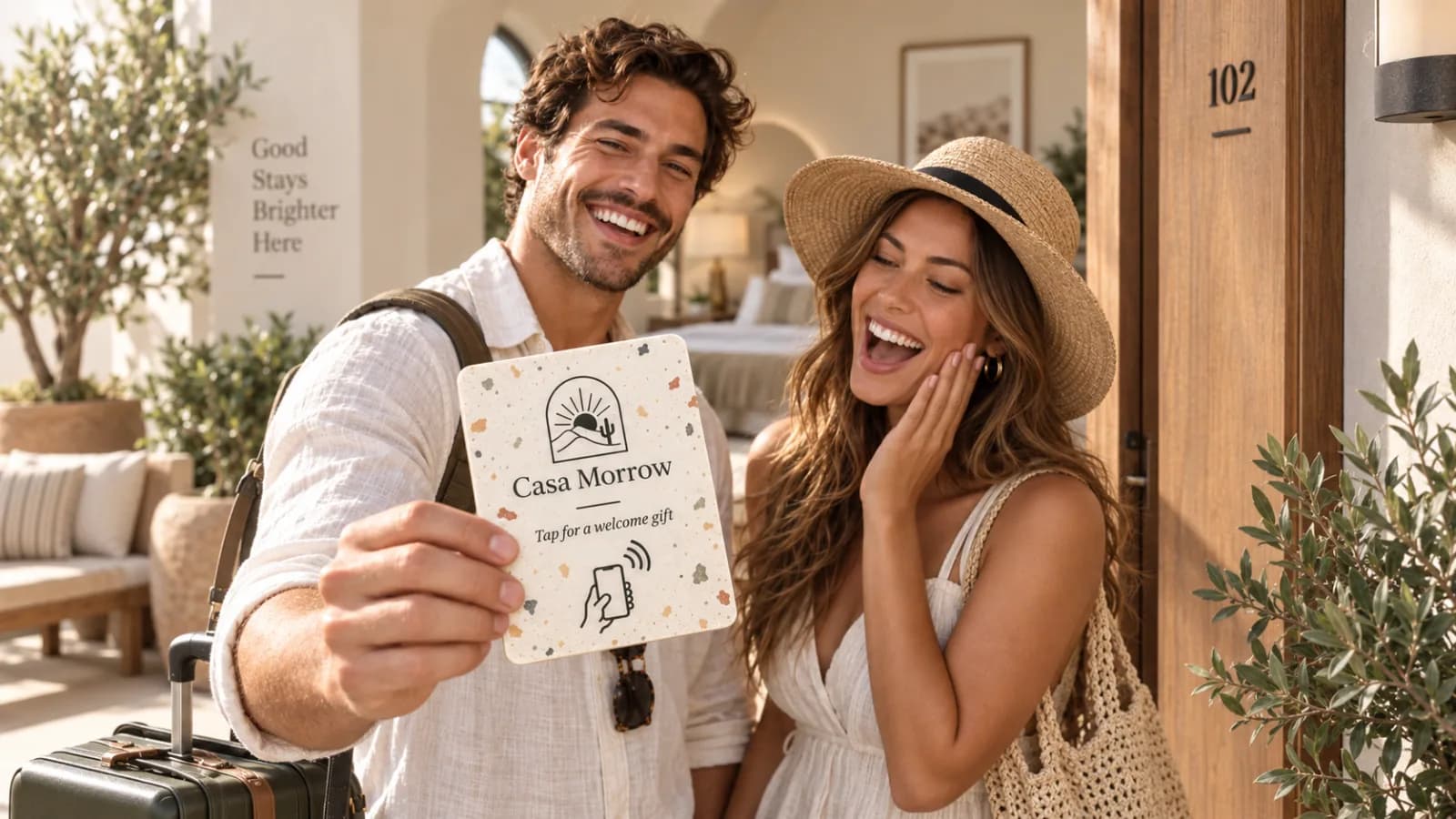 Two guests laughing as they hold up a welcome plate that reads tap for a welcome gift