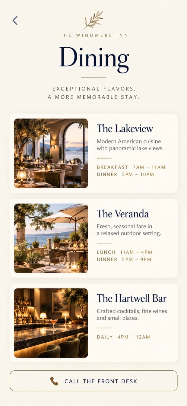 The dining screen on a phone, listing The Lakeview, The Veranda and The Hartwell Bar with their hours