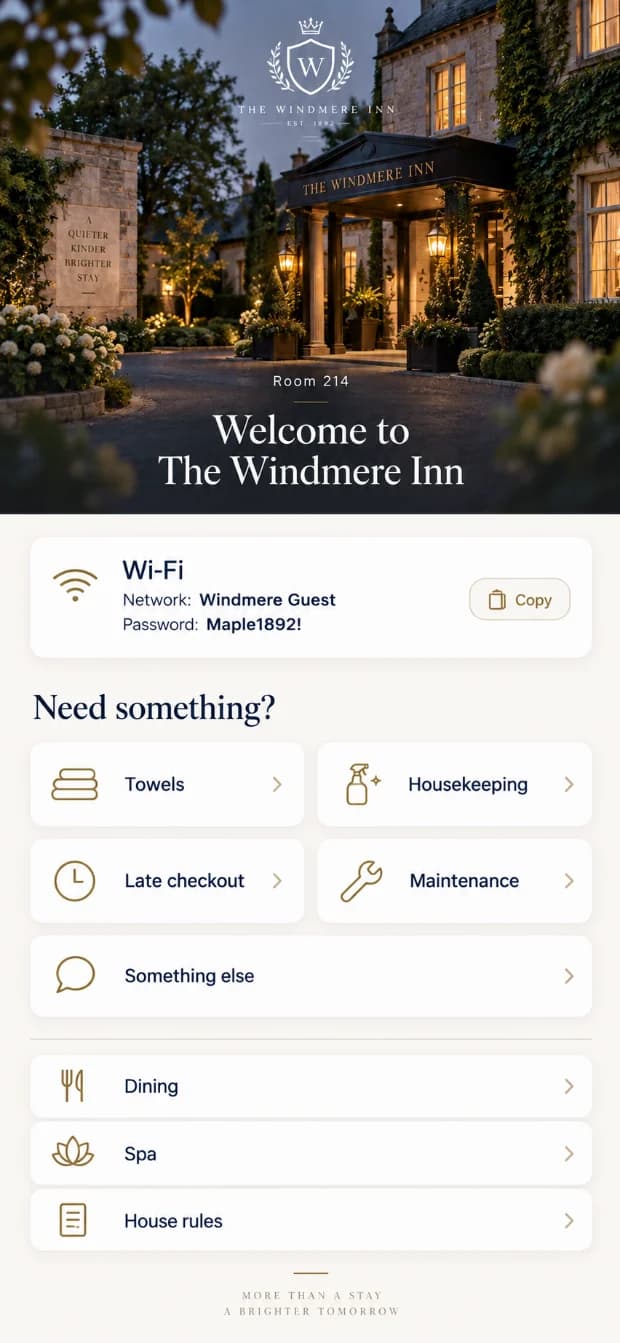 The Windmere Inn Guest Hub on a phone: the Wi-Fi network and password with a copy button, then buttons to ask for towels, housekeeping, late checkout and maintenance