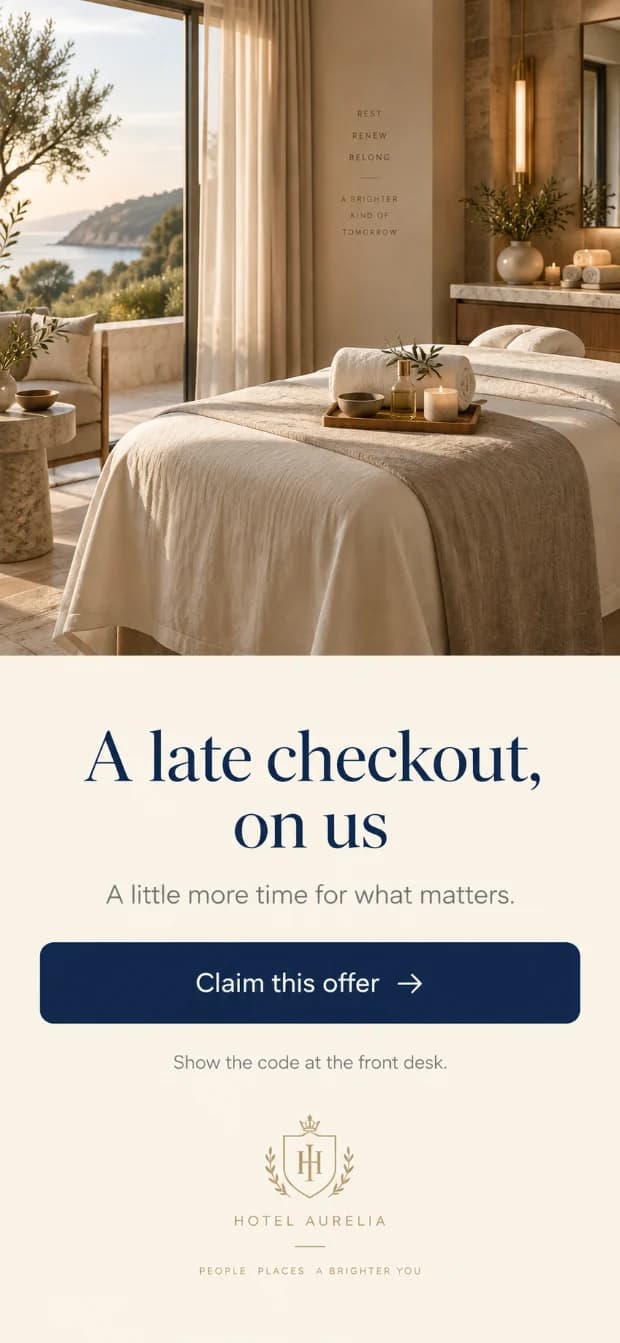 A Hotel Aurelia offer on a phone — a late checkout, on us — with a button to claim it