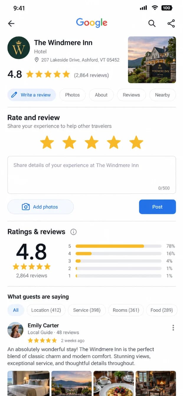 A hotel's Google listing open on a phone, with the rating stars and the review form ready