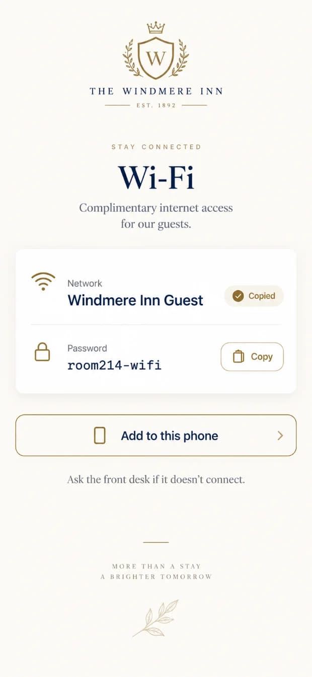 The Wi-Fi screen on a phone, with the network name copied and the room password ready to copy