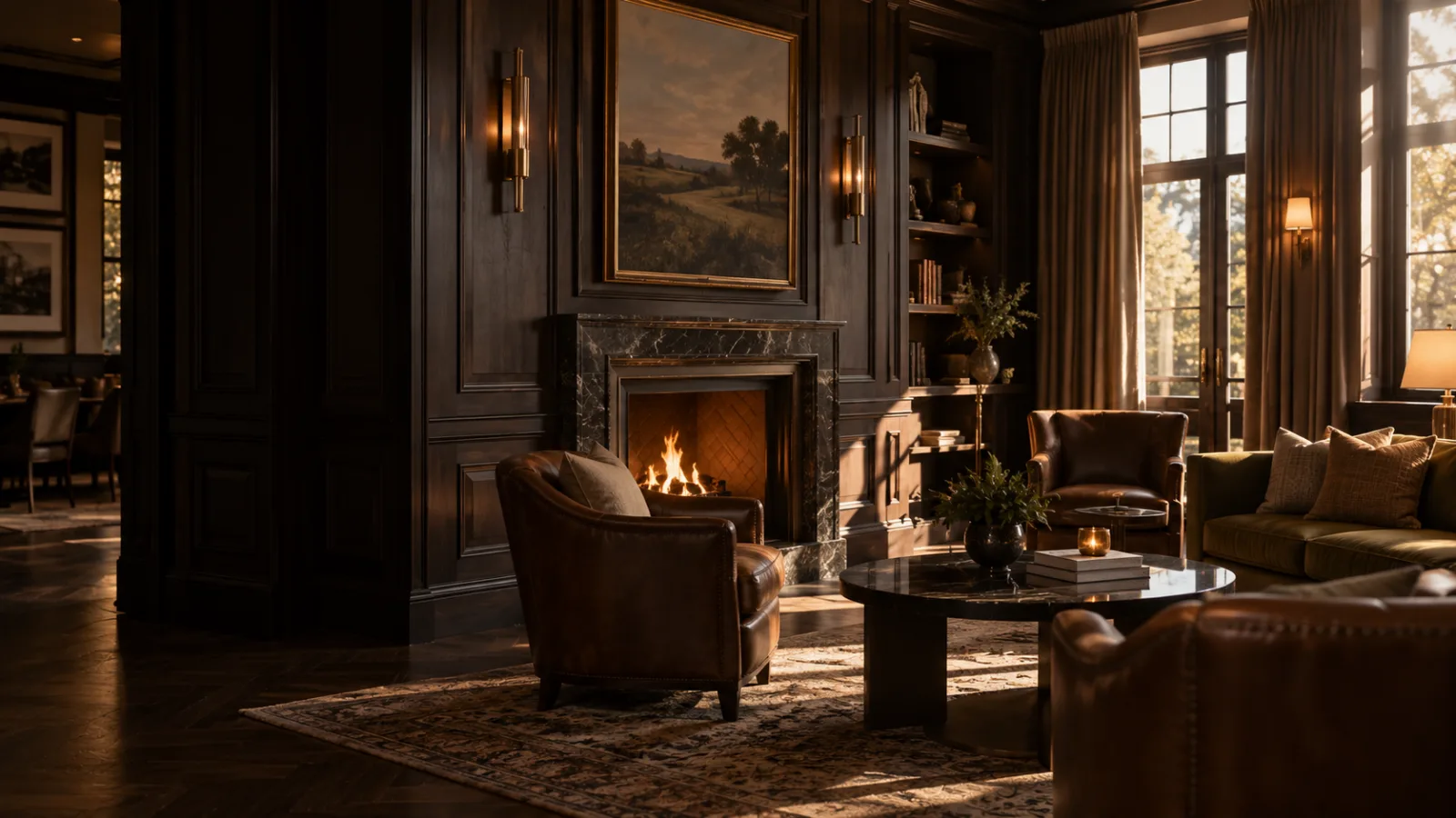 A private club lounge with a lit fireplace, panelled walls and leather armchairs
