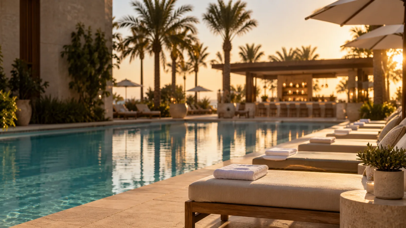 A resort pool deck at sunset, loungers along the water and a pool bar beyond