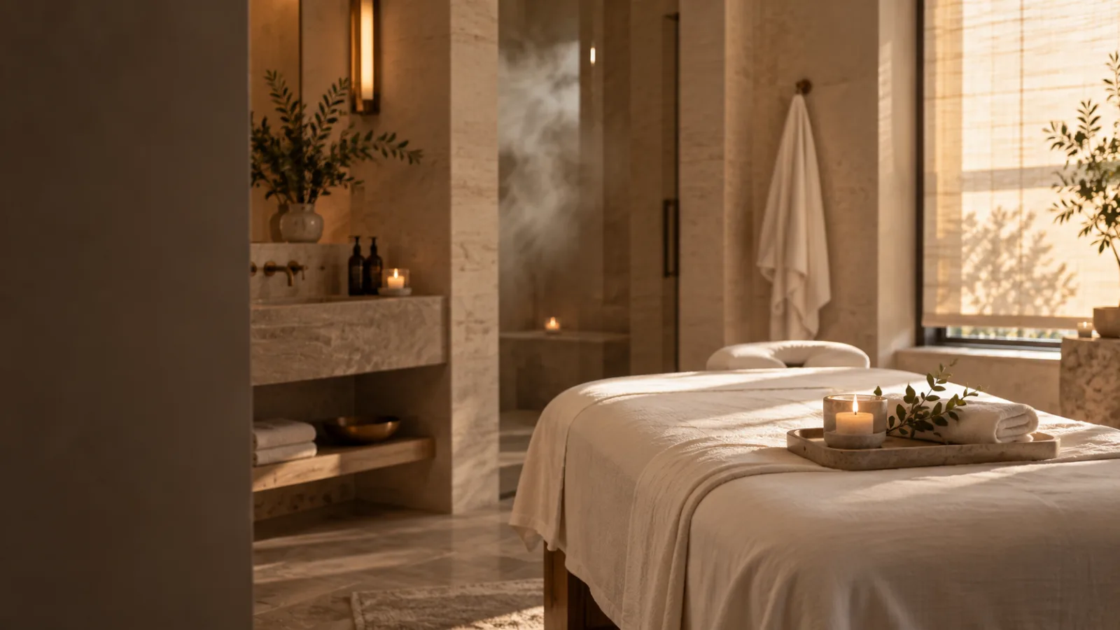 A spa treatment room in warm light, a candle and folded towels on the table