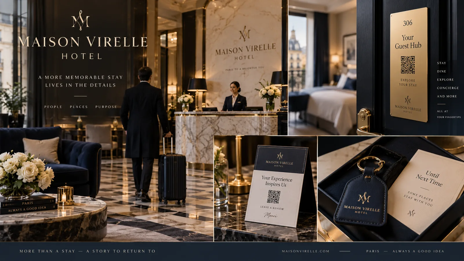 Concept mock-up: a hotel lobby with a guest arriving at reception, a Guest Hub plate on a guest-room door, a review stand at the desk and a departure keychain